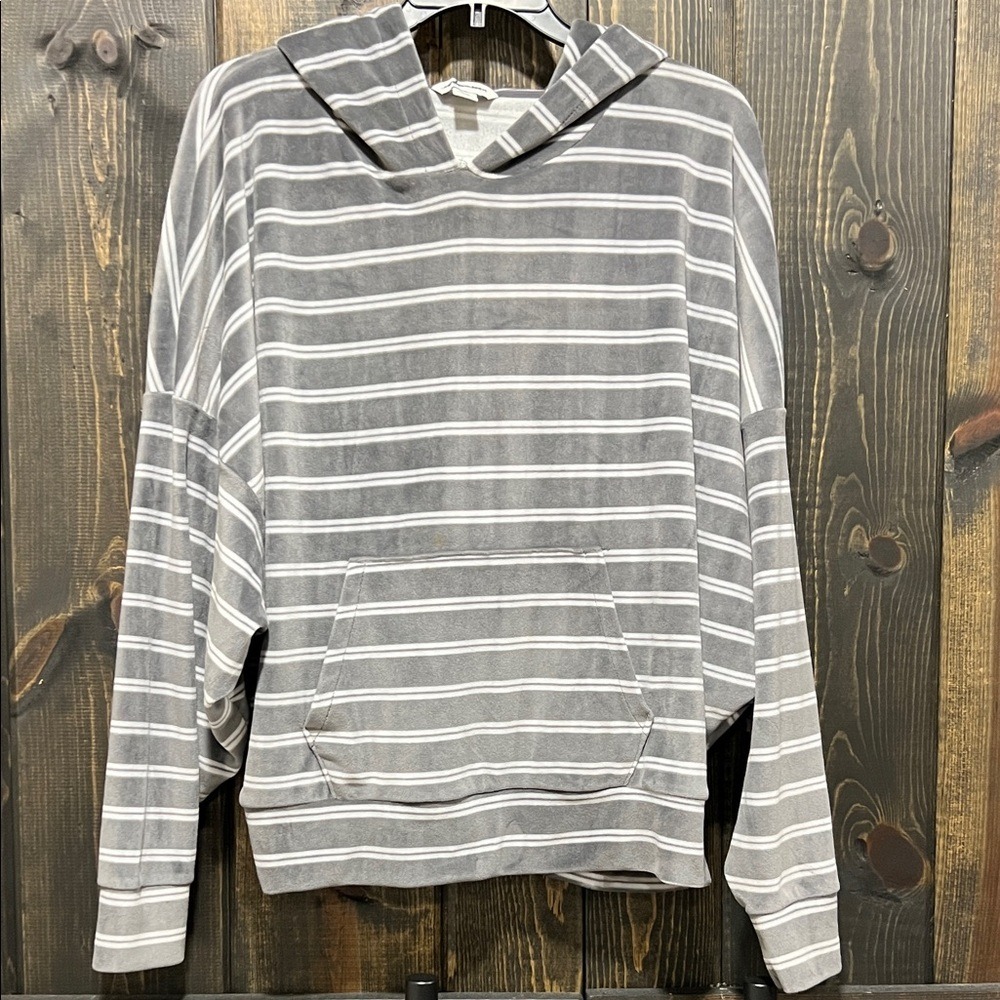 American Eagle Oversized Stripe Velour Hoodie Size L Grey Soft Cozy Casual